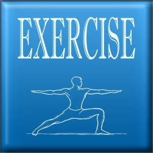 Blue button labeled "EXERCISE" with an icon of person standing in warrior one yoga position.