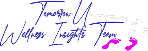 The image is a stylized logo for the "TomorrowU Wellness Insights Team." The text is written in a flowing cursive script in blue, with "TomorrowU" positioned on the top line and "Wellness Insights Team" underneath. On the right side of the text are two sets of footprints, one white and the other pink, as if walking away from the words. The footprints have a playful, casual appearance, symbolizing progress or a journey, possibly connected to wellness or growth.
